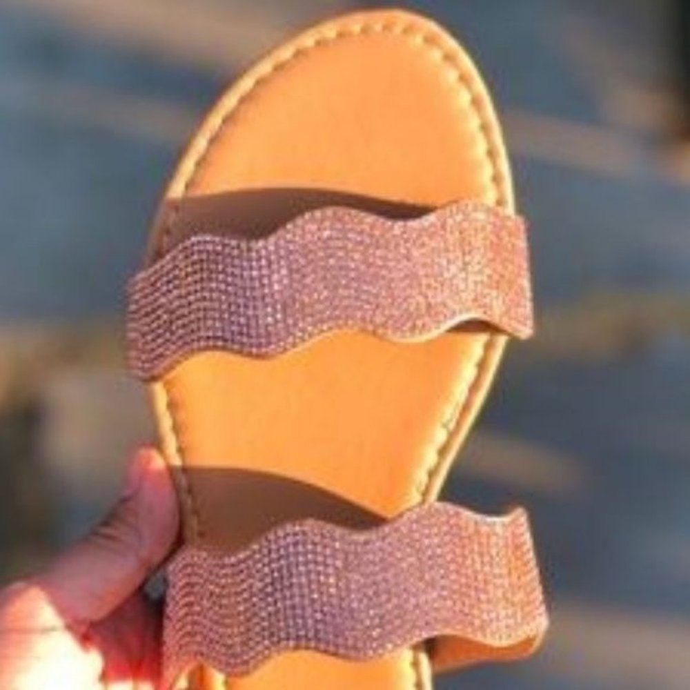 !! NEW !! Double Scalloped Strap Embellished Slide Sandals in Rose Gold - Picture 5 of 7